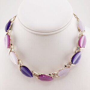 VINTAGE Purple thermoset leaf and silver tone metal choker necklace 1950s 1960s